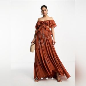 NWT ASOS DESIGN scatter embellished ruffle off-shoulder cut-out midi dress rust